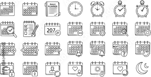 Calendar and Clock Icons Set: Daily Planner, Alarm, Schedule, Time Management, Event Planning, Business, and Weather Icons