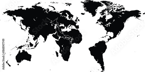 A simplified map of the world. Stylized generalized gray card on a white background. In flat style. Website template, design, cover. Australia, Asia, America, Europe, Africa. Vector