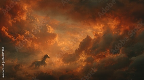 Majestic horse runs through fiery orange clouds at sunset