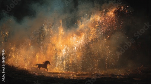 Dramatic horse running from intense wildfire with flames and smoke