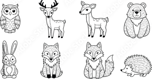 Vector illustration of cute woodland forest animals including deer, rabbit, hedgehog, bear, fox, raccoon, bird, owl, and squirrel.