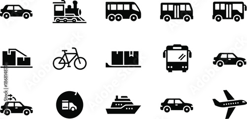 Transport icons collection, airplane bus train car ship ferry cable car tram metro bicycle motorcycle walking person vehicle travel, flat vector illustration