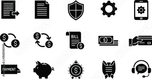 Collection of essential business icons representing data analysis and strategic planning tools