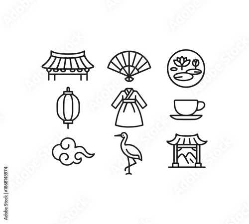 Traditional East Asian Heritage Icons Featuring Hanok Hanbok and Lotus Art