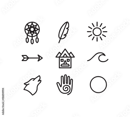 Diverse Spiritual and Nature Inspired Outline Icons Featuring Tribal and Indigenous Symbols