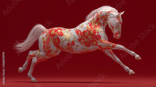 A majestic horse, adorned with an intricate floral pattern, gallops gracefully against a vibrant backdrop, embodies elegance and freedom.