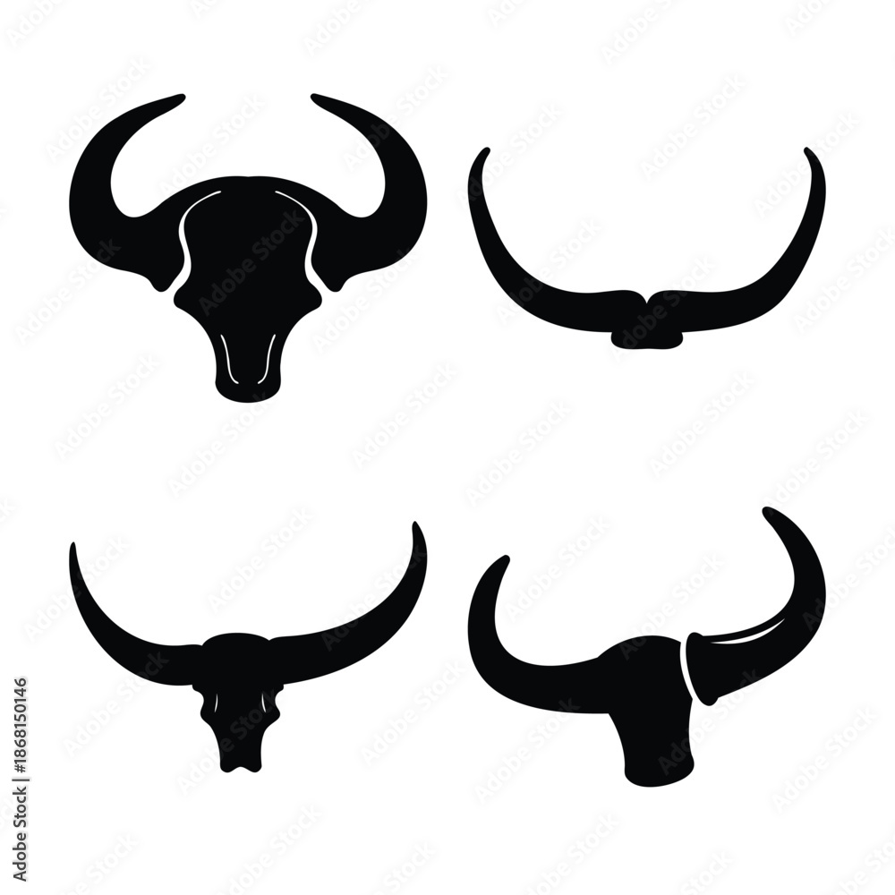 Fototapeta premium Collection of bold black bull skull and horn silhouettes for rustic design projects