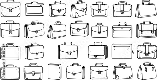 Set of hand-drawn business briefcases outlines. Collection of various office bags, professional work cases, and document holders in doodle sketch style.