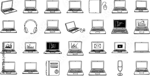 Hand-Drawn Laptop and Technology Doodle Icons Set. Vector Sketch Collection of Digital Devices: Laptops with Various Screens, Headphones, Desktop PC, Notebook, and Microphone.