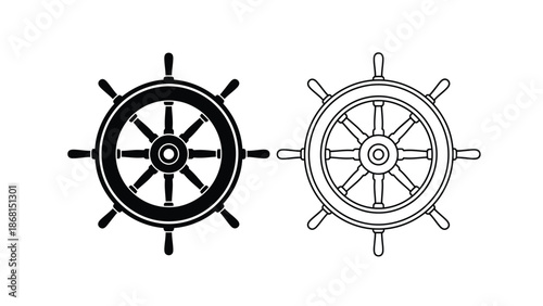 Two ship steering wheels are presented one filled and one outlined
