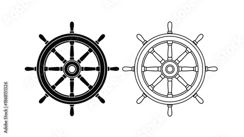 Two ship wheels presented in contrasting black fill and outline styles