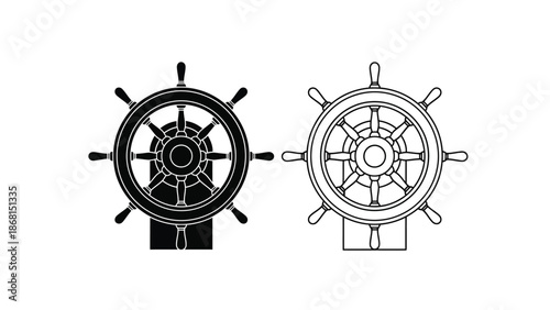 Two ship steering wheels shown in black and white line drawings