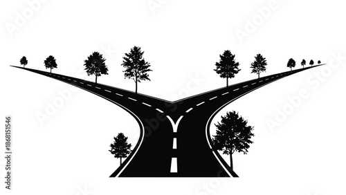 A diverging road splits into two paths among silhouetted trees