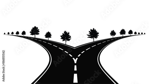 A diverging road leads into the distance framed by silhouetted trees