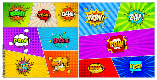 Colorful pop art comic background featuring action sound effect words such as boom, wow, pow, and zap with radial rays and halftone dots