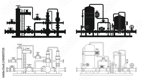 Industrial piping and tank systems a schematic illustration in multiple variations