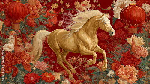 A golden horse gallops amidst a vibrant tapestry of blooming flowers and festive lanterns, an ode to the beauty of the cultural celebration.
