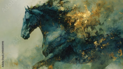 Majestic dark horse with gold accents in abstract background