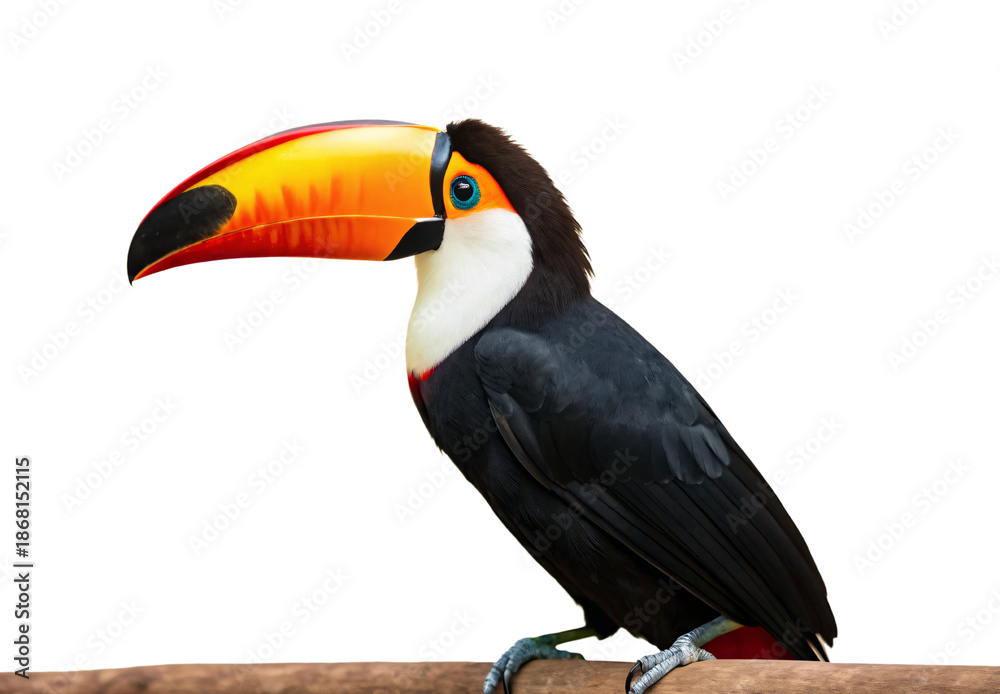 Obraz premium Toco toucan with orange black beak perched on branch side, isolated on a transparent background