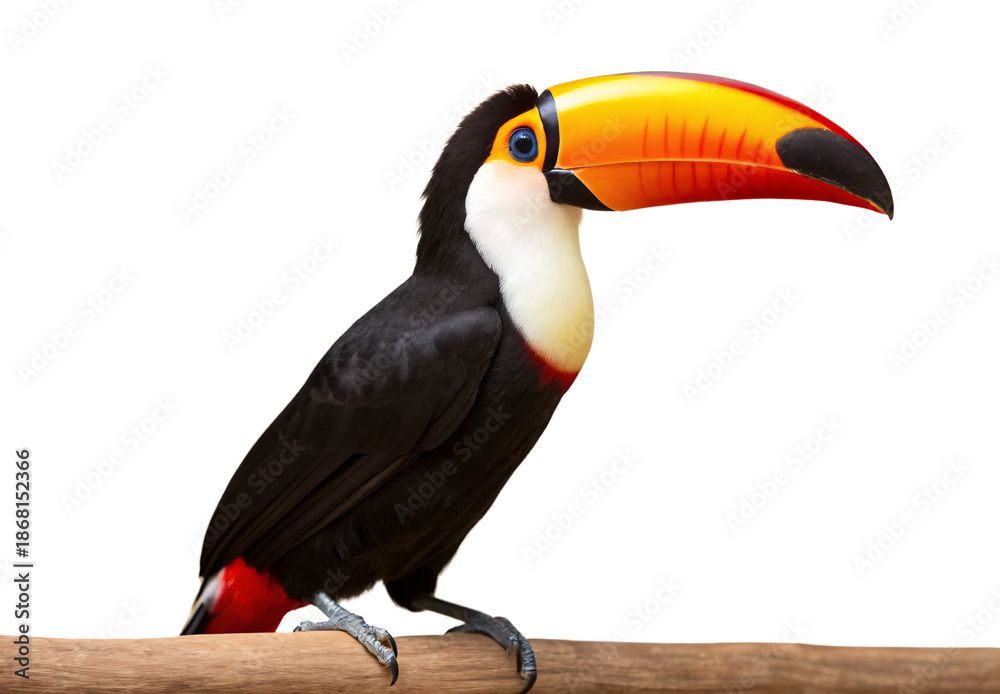 Fototapeta premium Toco toucan with vibrant orange beak perched on wooden branch, isolated on a transparent background