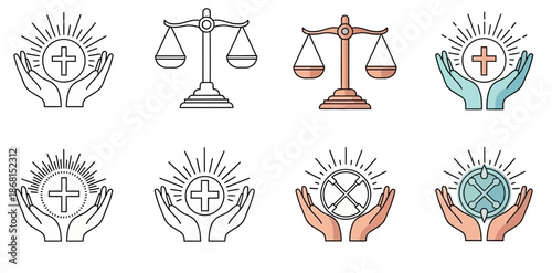 Justice and Legal Balance Icon Set with Scales, Human Rights, and Equality Symbols
