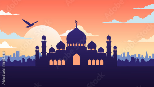 Stunning vector illustration of a majestic mosque against a vibrant sunset, showcasing architectural beauty and cultural heritage