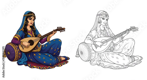Woman Playing Traditional Oud Instrument With Color and Sketch Comparison