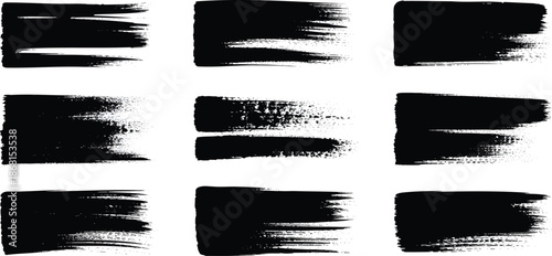 Black paint rectangular brush strokes set, dirty grunge design elements with grungy smears and rough stains, hand drawn ink illustration
