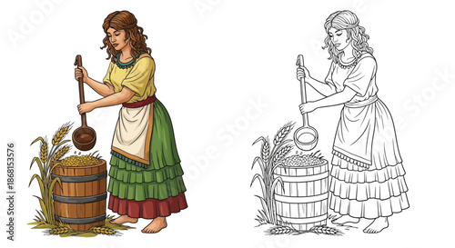 Woman Pouring Grains From Wooden Barrel Detailed Historical Illustration