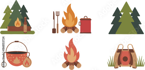 Campfire storytelling graphics, tent illustrations, starry night designs, outdoor adventure vector elements