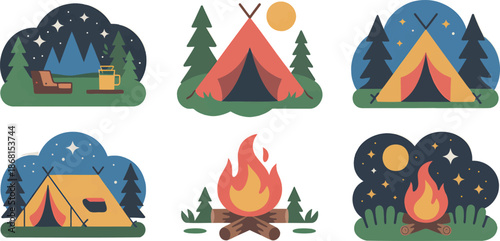 Campfire storytelling graphics, tent illustrations, starry night designs, outdoor adventure vector elements