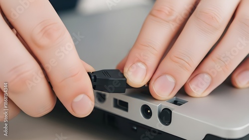 Close-up of person connecting a power adapter cable to a laptop computer for charging