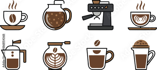 Coffee shop icon pack coffee cup, bean, espresso machine, latte art, vector doodle set