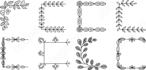 Corner flourish border set collection, hand drawn doodle style corners with rustic floral elements and decorative vector borders