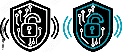 Data protection shield icons with circuit board patterns. Professional cyber security set in solid black and duo tone blue