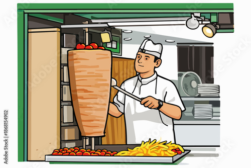 Chef Working at the Doner Counter in the Kitchen Preparing Orders.