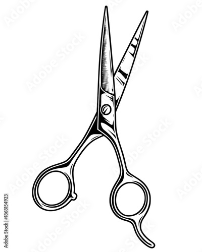 Detailed black line art illustration of professional hair-cutting shears.
