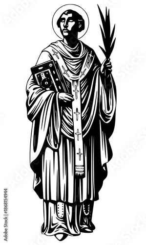 Detailed black silhouette of Saint Valentine holding a sacred book and a palm frond. Elegant religious graphic for spiritual, historical, and romantic themes.