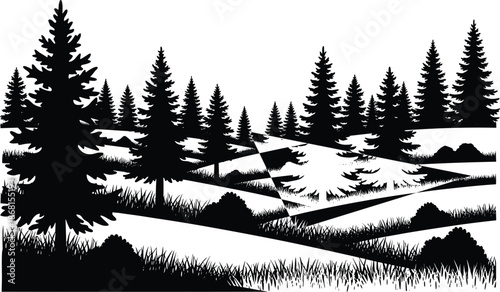 Forest silhouette landscape, pine tree vector, conifer hill illustration, black nature graphic, mirrored terrain design, evergreen woodland scene, stylized wilderness artwork