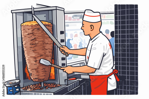 Experienced Master Carefully Slicing Meat at the Hot Doner Grill.