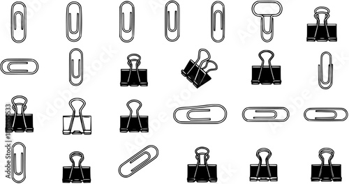 Assortment of Black and White Paper Clips and Binder Clips Isolated on White Background