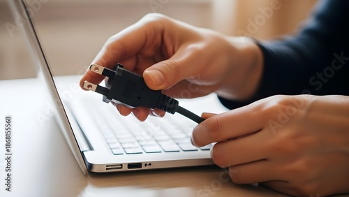 : Close-up of person plugging a black electrical power cord into a wall outlet
