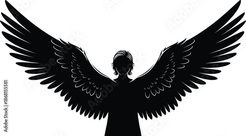 Angel wings silhouette vector illustration, mystical human figure with spread feathered wings, spiritual freedom concept, fantasy guardian symbol, black white design