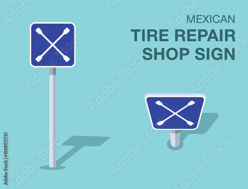 Traffic regulation rules. Isolated mexican "tire repair shop" road sign. Front and top view. Flat vector illustration template.