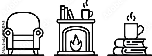 Cozy home icon set armchair, fireplace, mug, book stack, vector line art illustrations