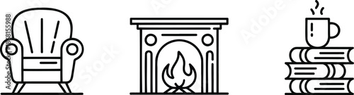 Cozy home icon set armchair, fireplace, mug, book stack, vector line art illustrations