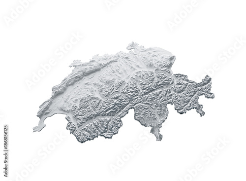 Snowy Switzerland Map White and Gray Shaded Relief Textured. 3D illustration