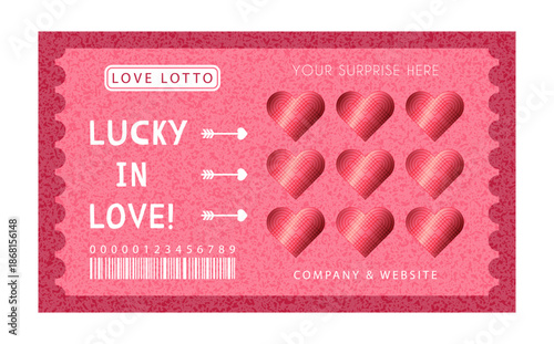 Love lotto scratch card template with hearts for surprise gifts. Graphic design for Valentine's Day gifts, anniversaries, weddings, dates, or bachelorette party favors. Hand drawn vector illustration.
