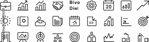 refined business line icon set of 30 symbols briefcase, ascending bar chart, handshake, workflow gear,