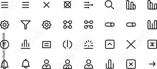 sleek UI line icon set of 30 symbols menu hamburger, close X, search magnifier, filter funnel, settings gear, toggle switch